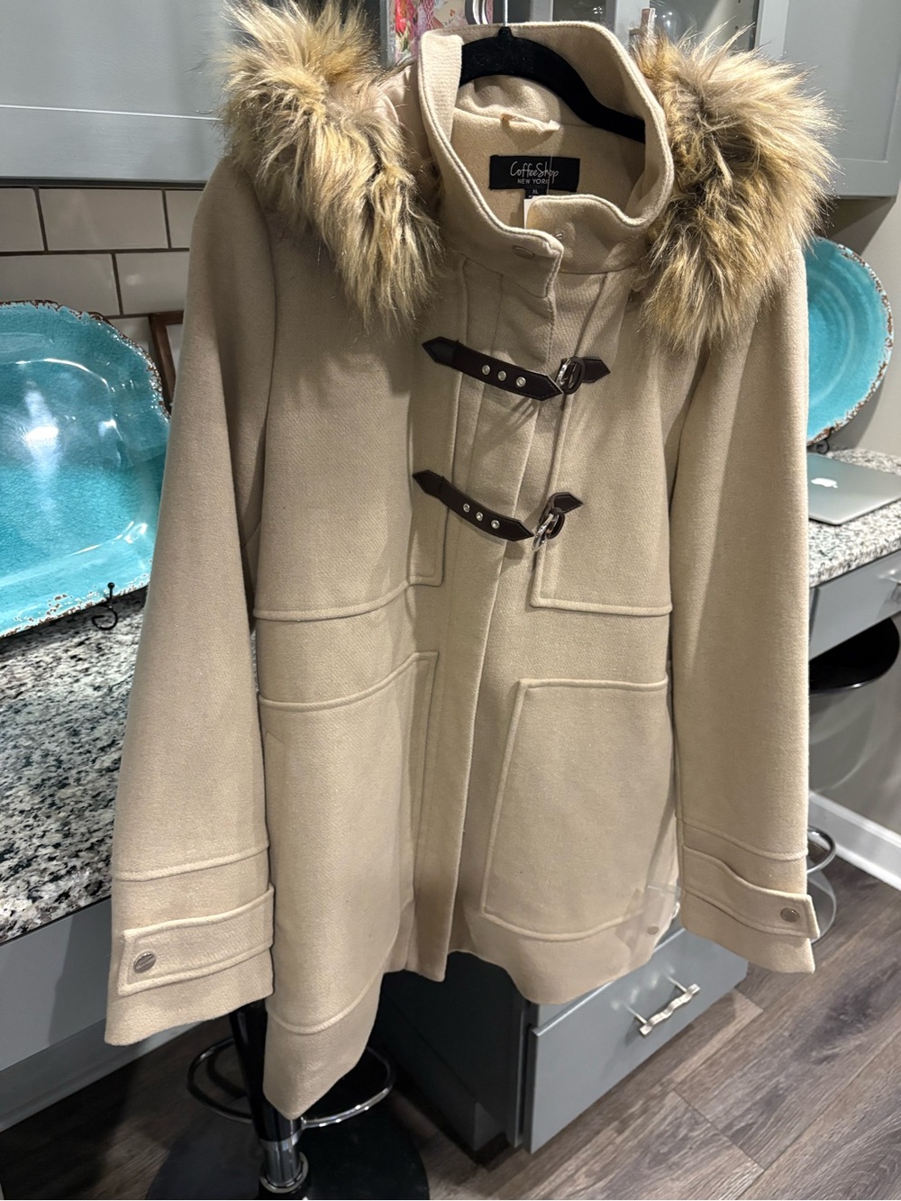 Faux-Fur Trim Beige Toggle Coat